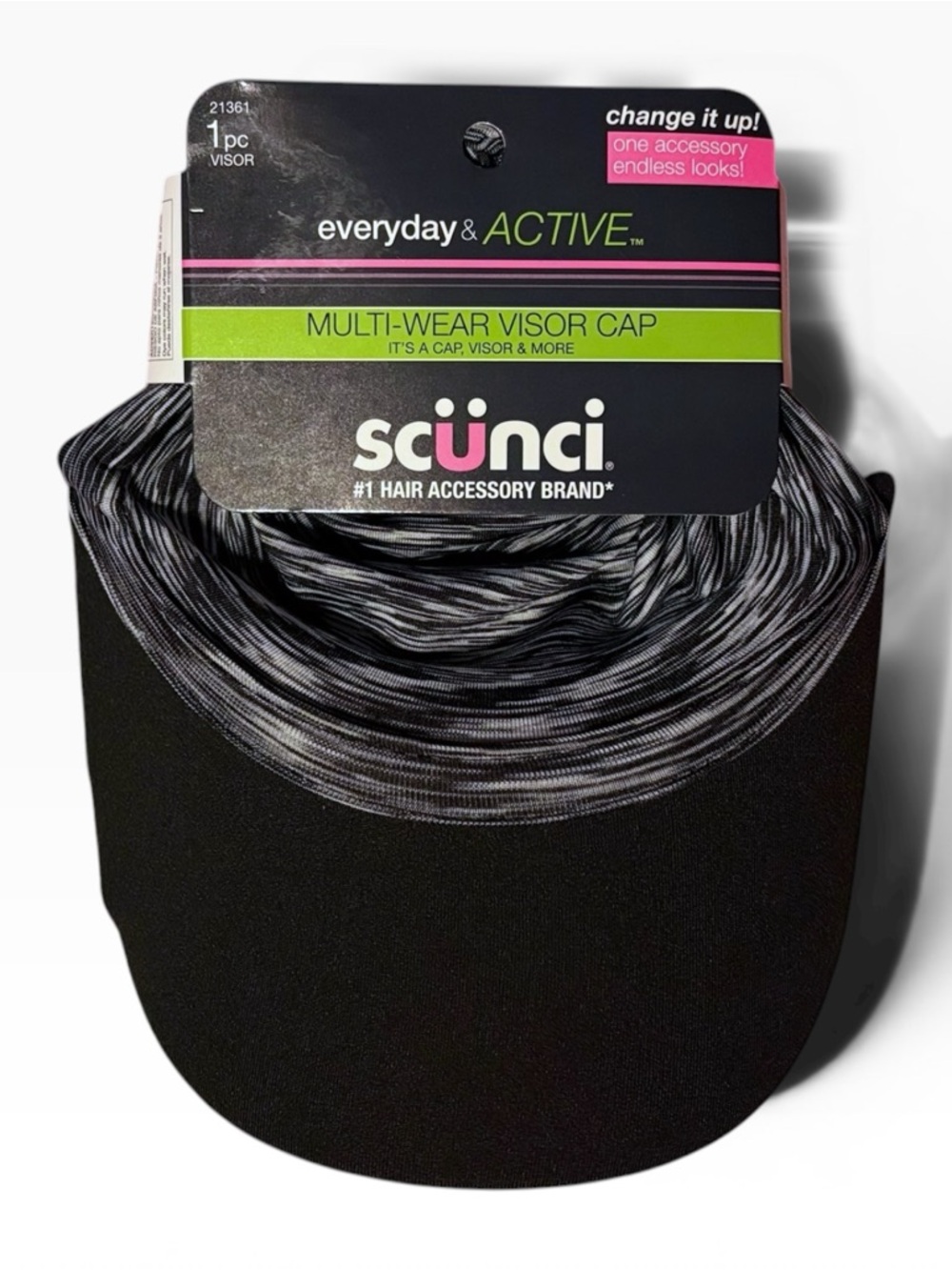Scunci Multi-Wear Visor Cap Everyday Active Black Space Dye Headband NWT